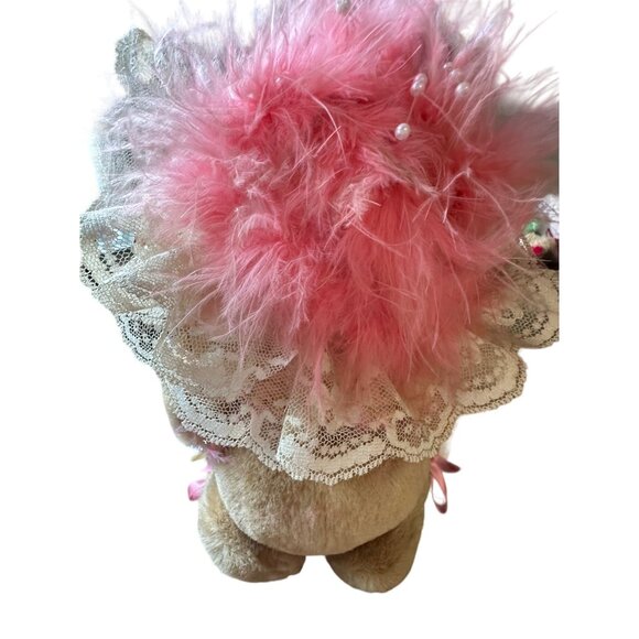 Bearly People Pink feather boa pearls rose tan bear 12" jointed vintage - Picture 8 of 13